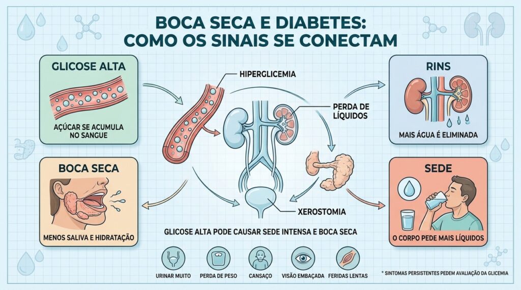 Glicose alta, perda de líquidos, xerostomia e sede formam um ciclo típico.