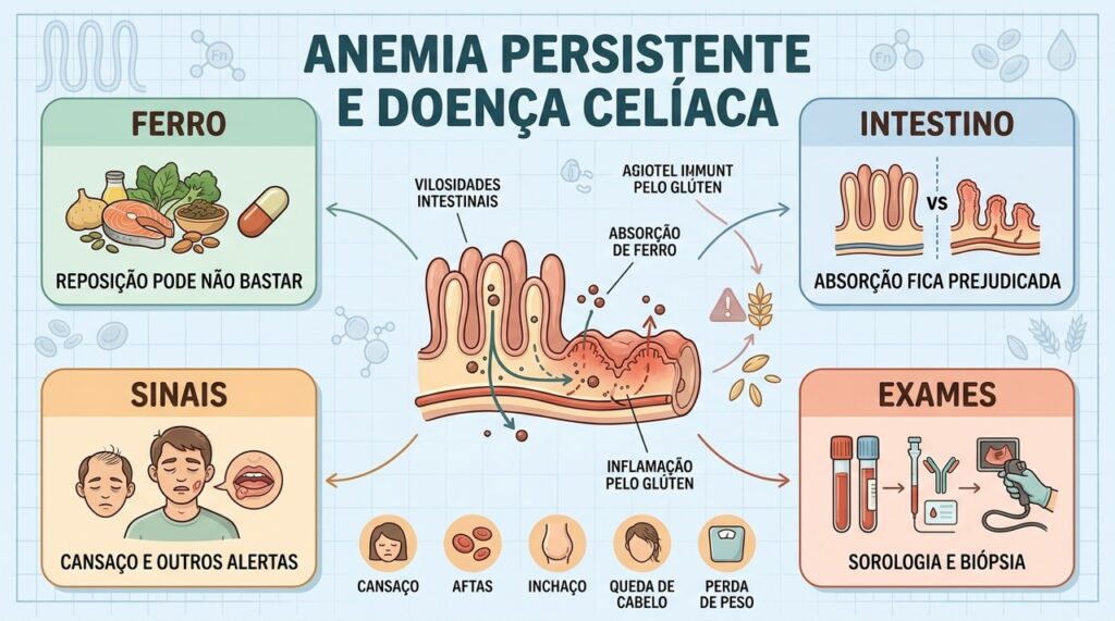 Ferro, intestino, sintomas e exames ajudam a investigar anemia ligada à doença celíaca.