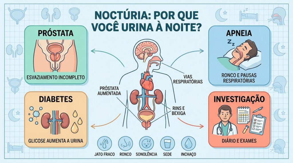 Próstata, apneia e alterações metabólicas estão entre as causas investigadas da noctúria persistente.