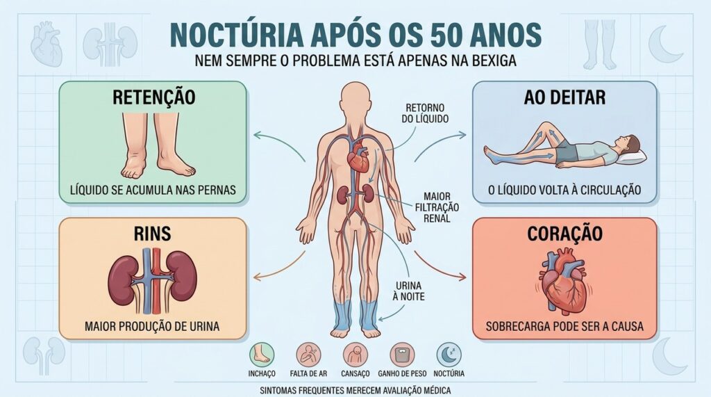 Retenção nas pernas, redistribuição do líquido e filtração renal podem causar noctúria.