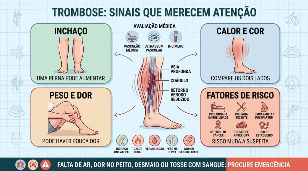 Inchaço unilateral, calor, vermelhidão e peso podem levantar suspeita de trombose.