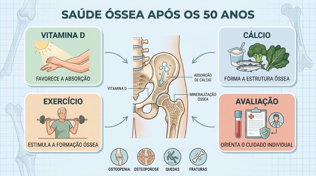 Vitamina D, cálcio, exercício e avaliação formam os pilares da saúde óssea.