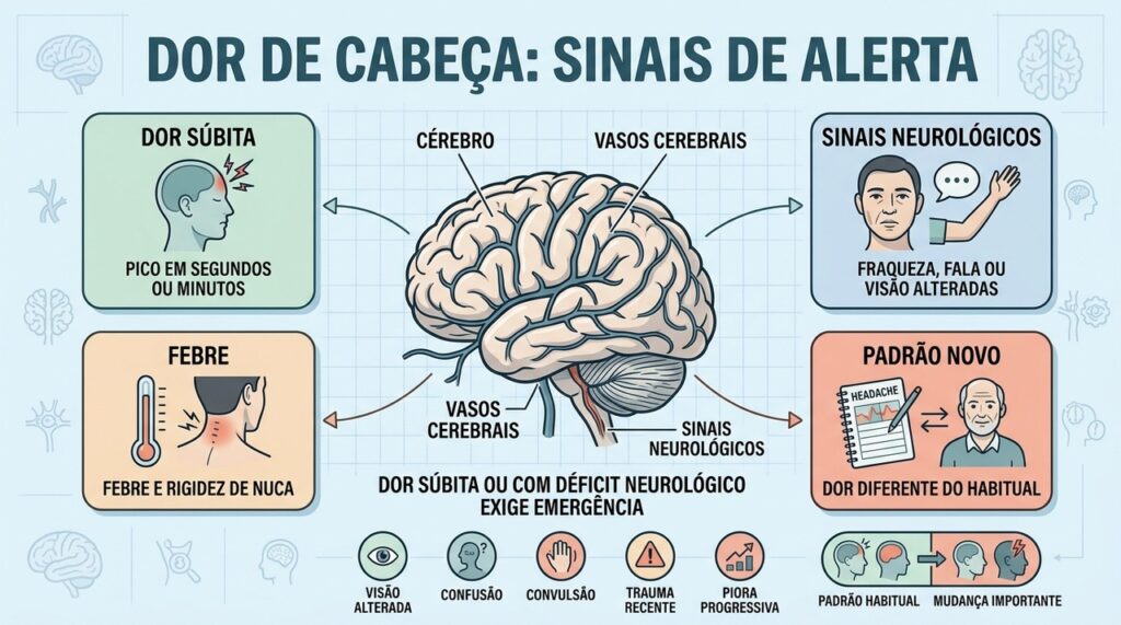 Dor súbita, febre e déficits neurológicos são importantes sinais de alerta.