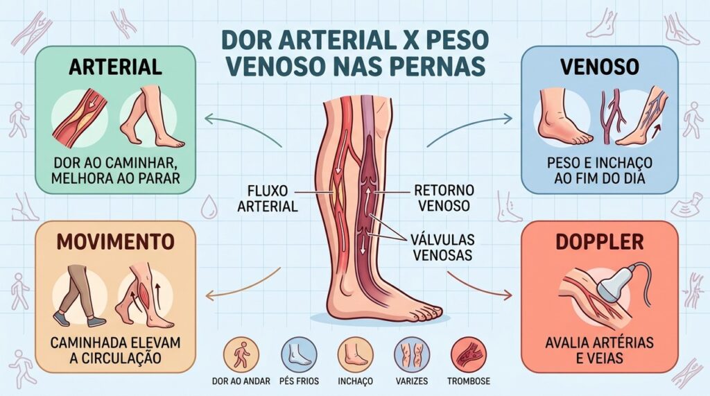 Artérias estreitas causam dor ao esforço; veias comprometidas favorecem peso e inchaço.