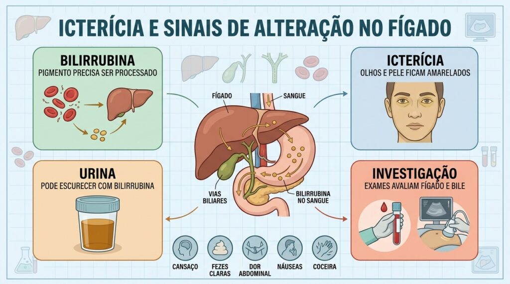 Bilirrubina, icterícia, urina escura e exames ajudam a investigar alterações hepáticas.