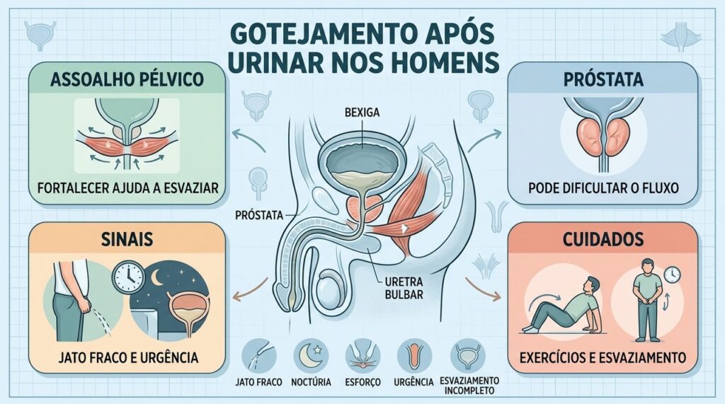 Assoalho pélvico, próstata e uretra influenciam o gotejamento após a micção.