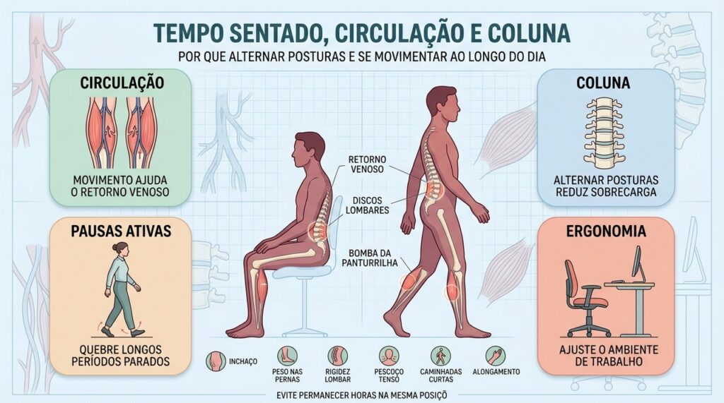Circulação, coluna, pausas ativas e ergonomia ajudam a reduzir os efeitos da imobilidade.
