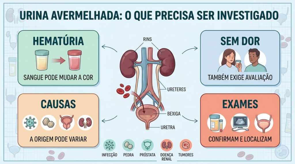 Hematúria pode ter diferentes origens, e exames ajudam a localizar o sangramento.