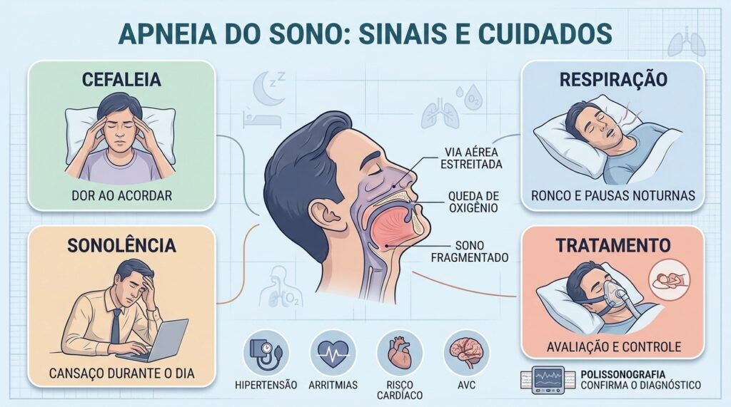 Cefaleia, ronco, sonolência e pausas respiratórias orientam a investigação da apneia.