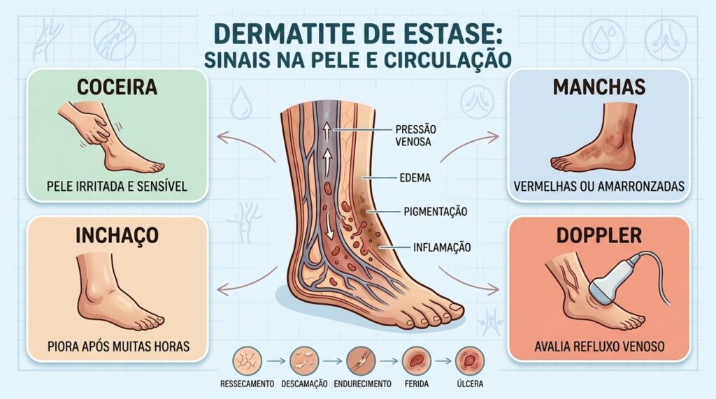 Coceira, manchas, inchaço e refluxo venoso ajudam a reconhecer dermatite de estase.