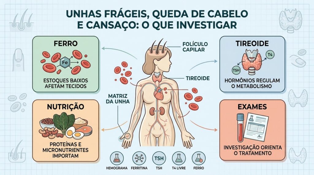 Ferro, tireoide, nutrição e exames ajudam a investigar esses três sinais juntos.
