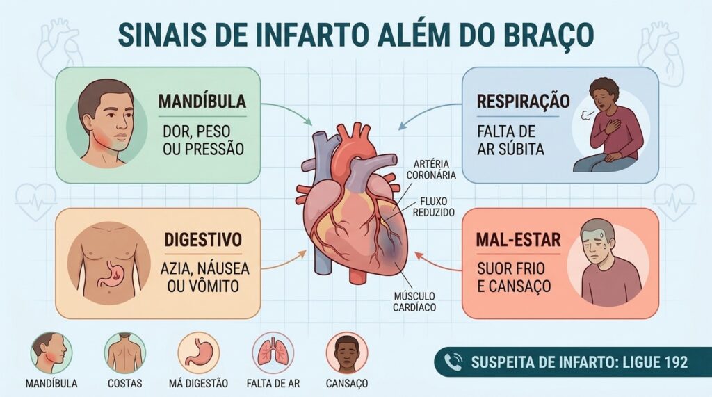 Mandíbula, falta de ar, sintomas digestivos e mal-estar também exigem atenção imediata.