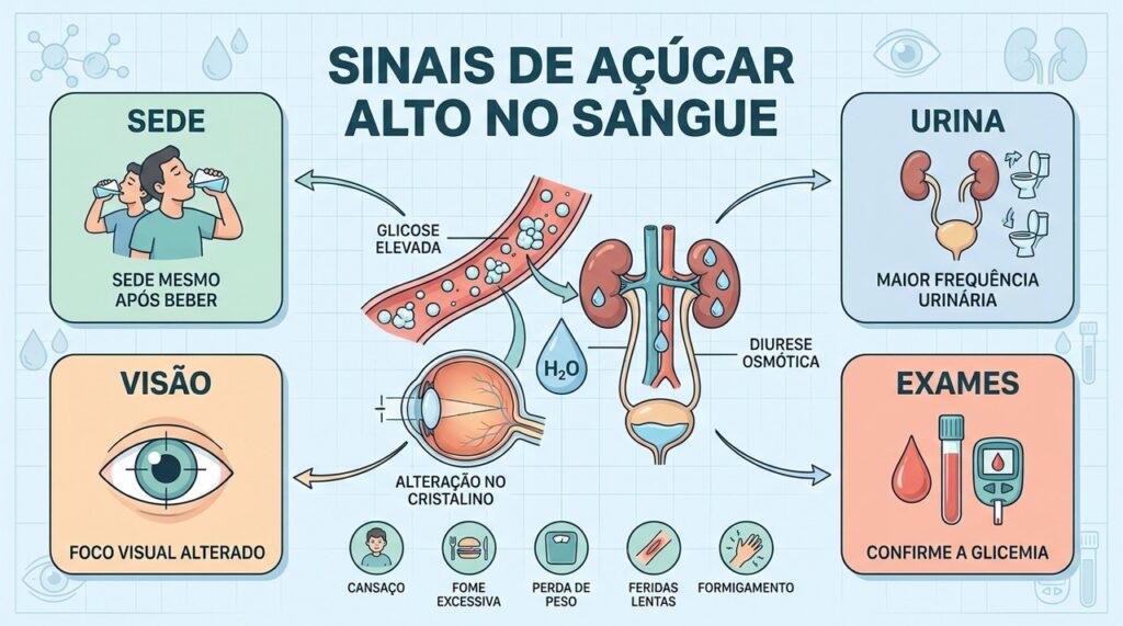 Sede, urina frequente, visão embaçada e exames ajudam a reconhecer hiperglicemia.