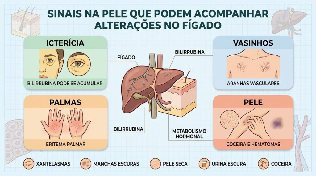 Icterícia, vasinhos, eritema palmar e coceira podem acompanhar alterações na função hepática.