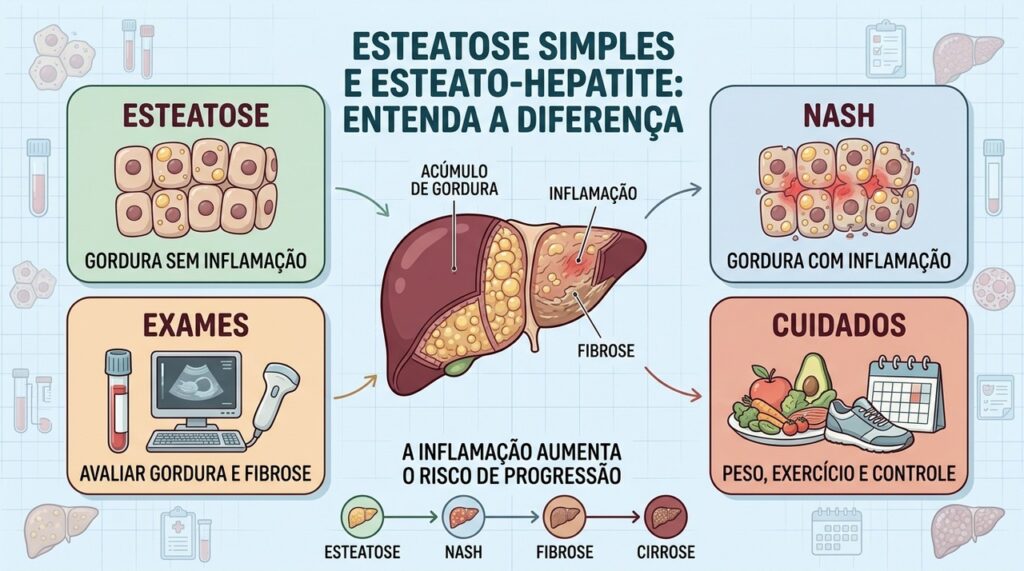 Esteatose, inflamação e fibrose representam níveis diferentes de progressão da doença hepática.