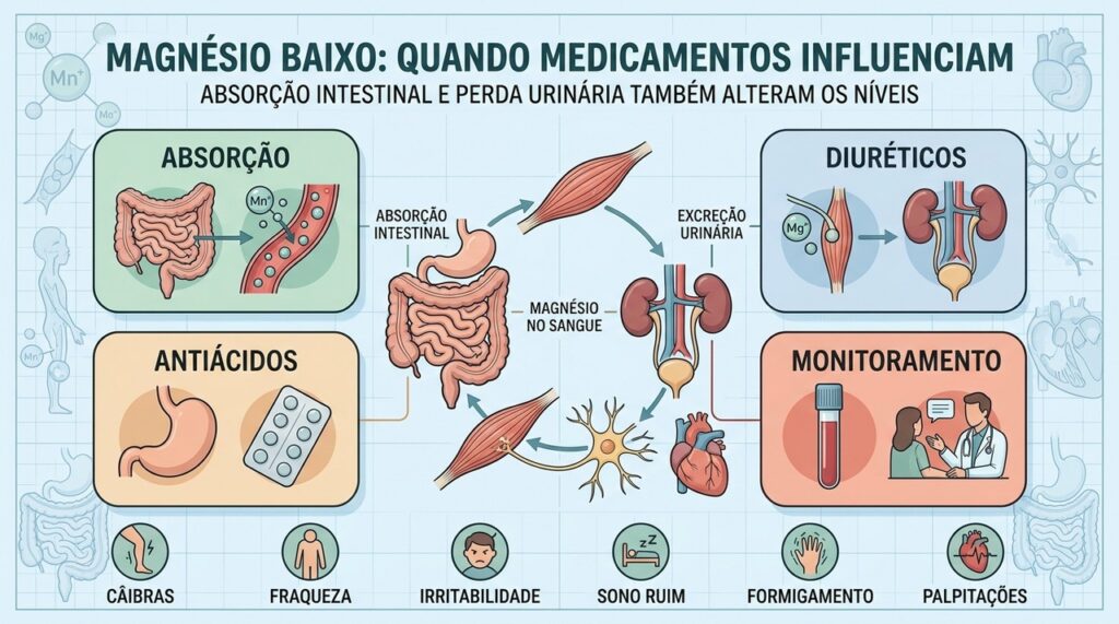 Absorção intestinal, medicamentos, rins e monitoramento ajudam a explicar o magnésio baixo.