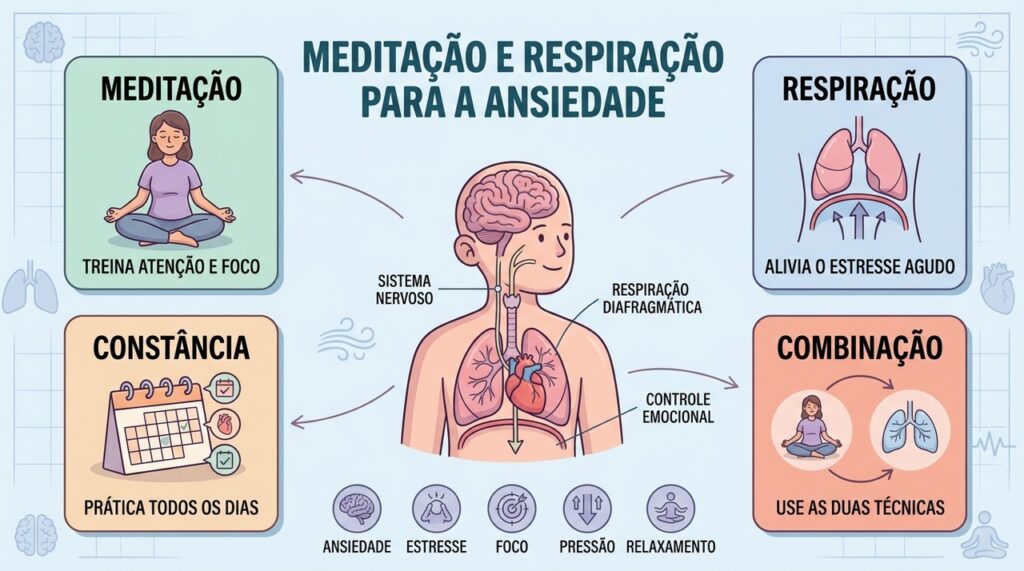 Meditação e respiração se complementam para controlar estresse, ansiedade e resposta corporal.