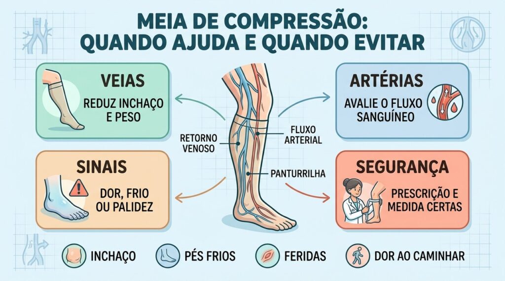 O infográfico mostra quando a compressão favorece as veias e exige cautela arterial.