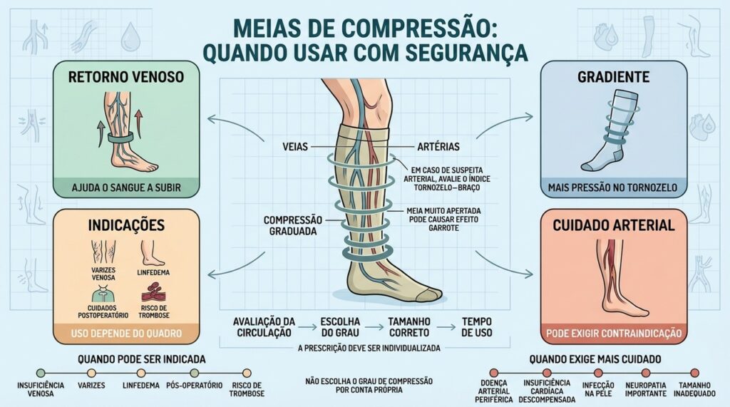 Retorno venoso, grau de compressão e circulação arterial definem o uso seguro.
