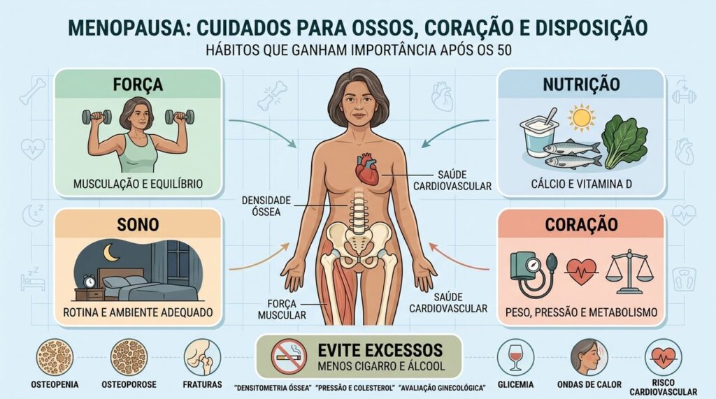 Cinco cuidados ajudam a proteger ossos, coração, sono e disposição após a menopausa.