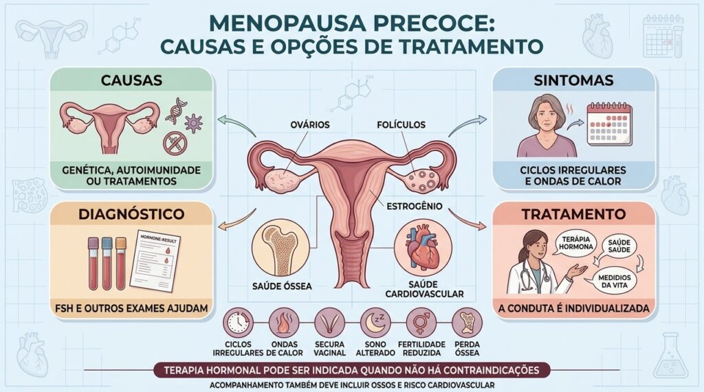 Causas, sintomas, exames e terapia hormonal orientam o cuidado na menopausa precoce.