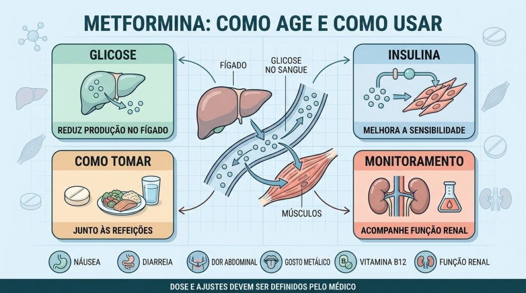 Metformina atua no fígado e músculos e exige uso e monitoramento adequados.