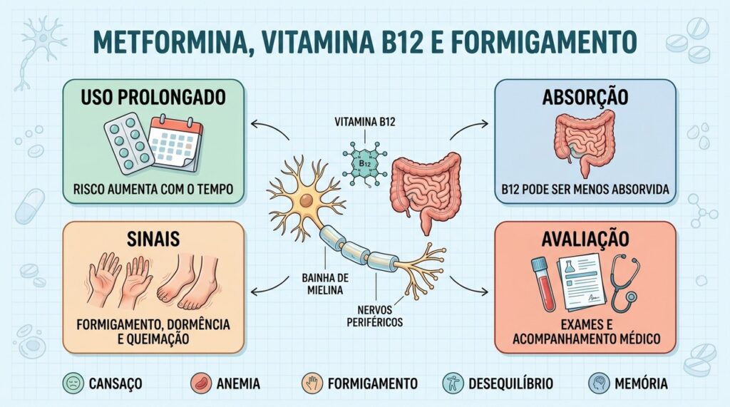 Metformina prolongada pode afetar absorção de B12, nervos e exames laboratoriais.