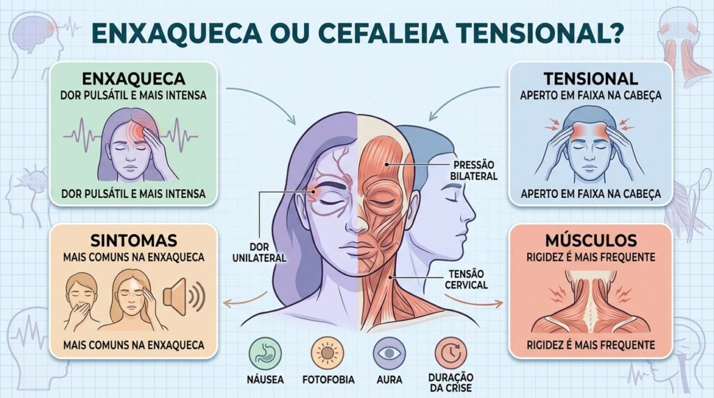 Localização, tipo de dor, sintomas associados e tensão muscular ajudam a diferenciar as cefaleias.