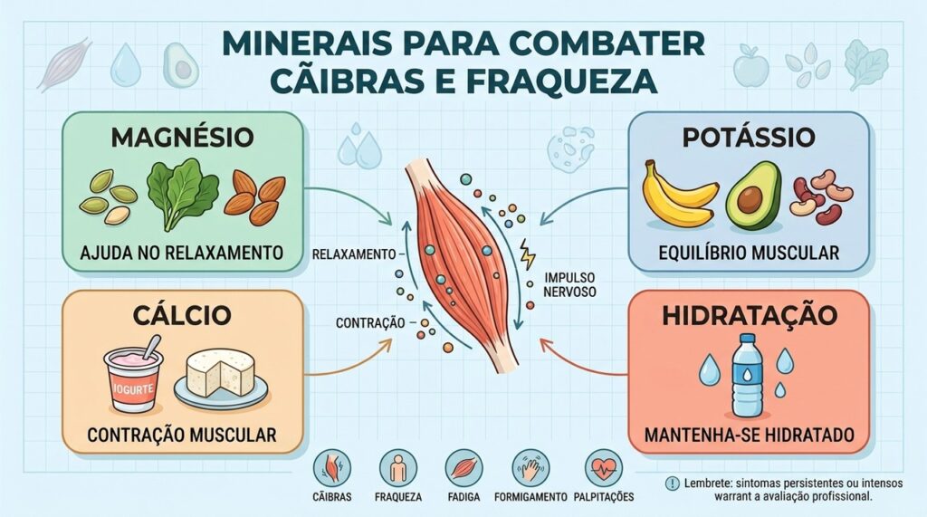 Magnésio, potássio, cálcio e hidratação sustentam contração e relaxamento muscular adequados.