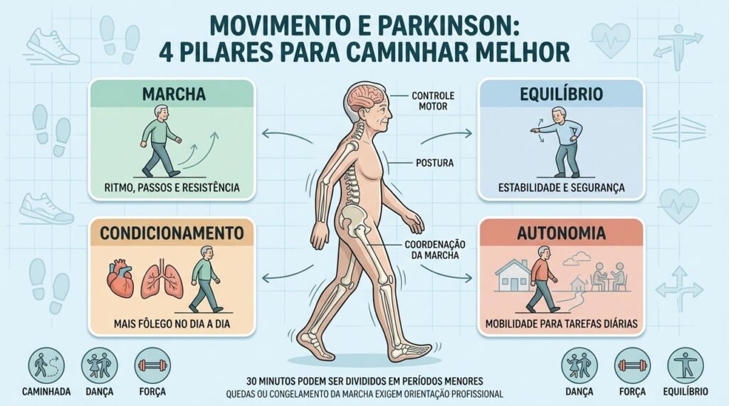 Marcha, equilíbrio, condicionamento e autonomia formam pilares do exercício no Parkinson.