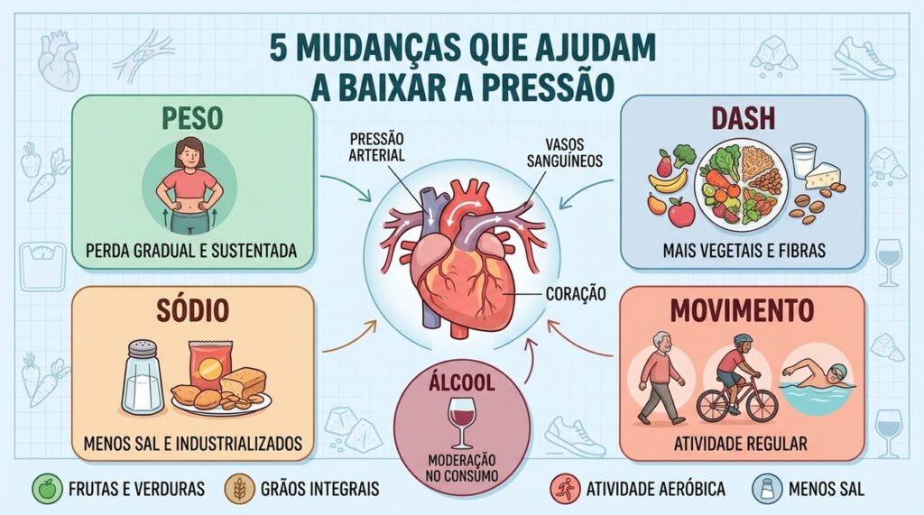 Peso, alimentação, sódio, exercício e álcool formam cinco frentes para controlar a pressão.