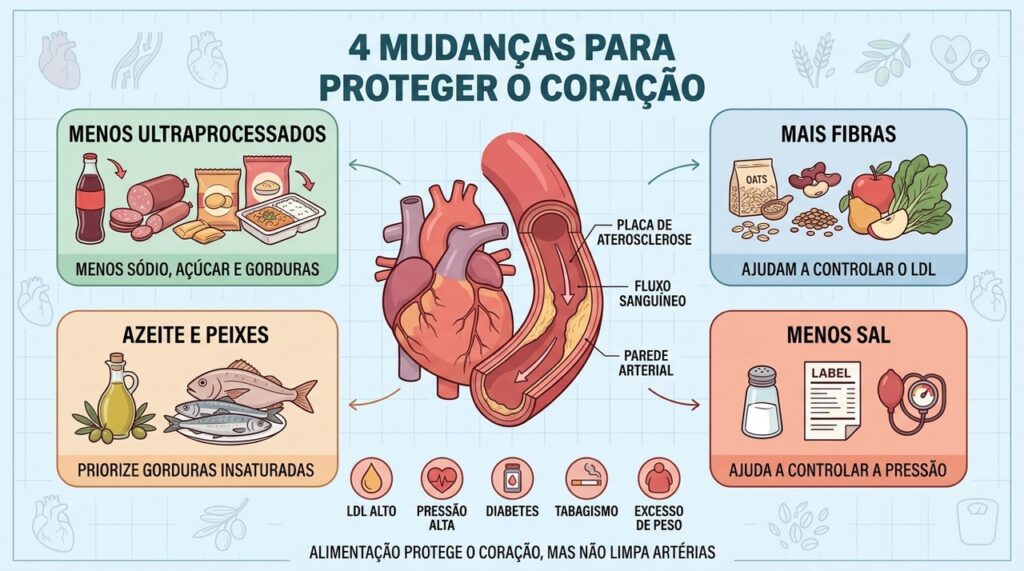 Menos ultraprocessados, mais fibras, gorduras insaturadas e pouco sal protegem o coração.