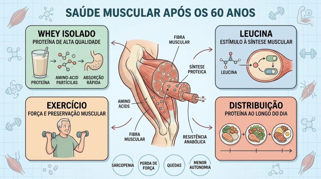 Whey, leucina, exercício e distribuição proteica ajudam a combater a sarcopenia.