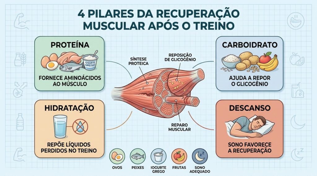 Ovos, frango, peixe e iogurte fornecem proteínas importantes após o treino. Entenda por que carboidratos, hidratação e sono também ajudam na recuperação muscular.