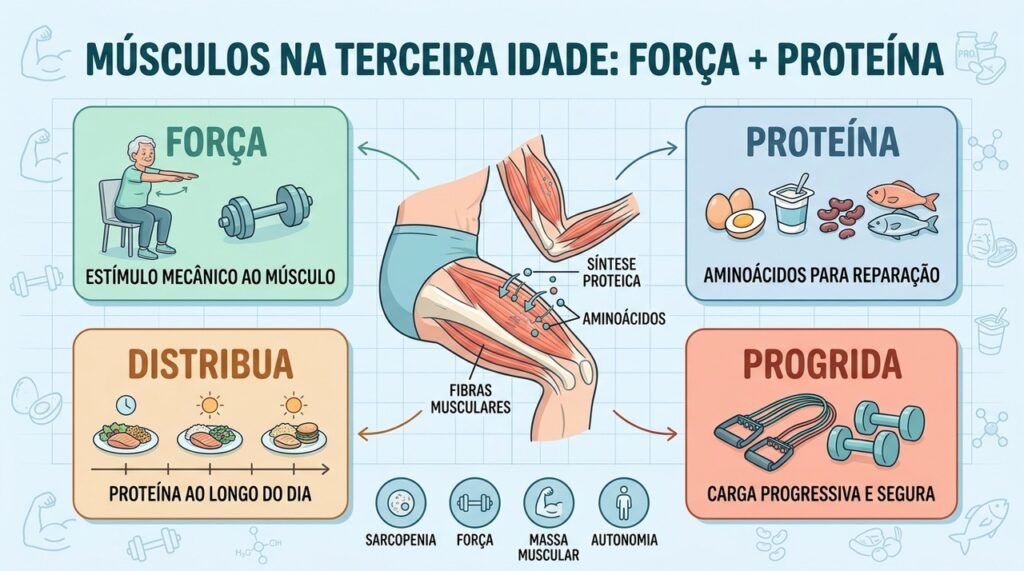 Quatro pilares unem força, proteína, distribuição das refeições e progressão segura contra a sarcopenia.