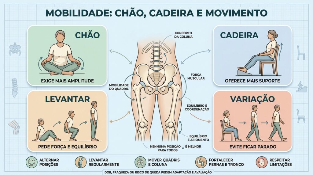 Mobilidade depende de amplitude, força, equilíbrio e alternância regular entre posições.