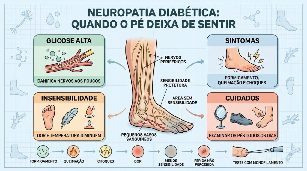 Formigamento, queimação e insensibilidade mostram a progressão da neuropatia nos pés.