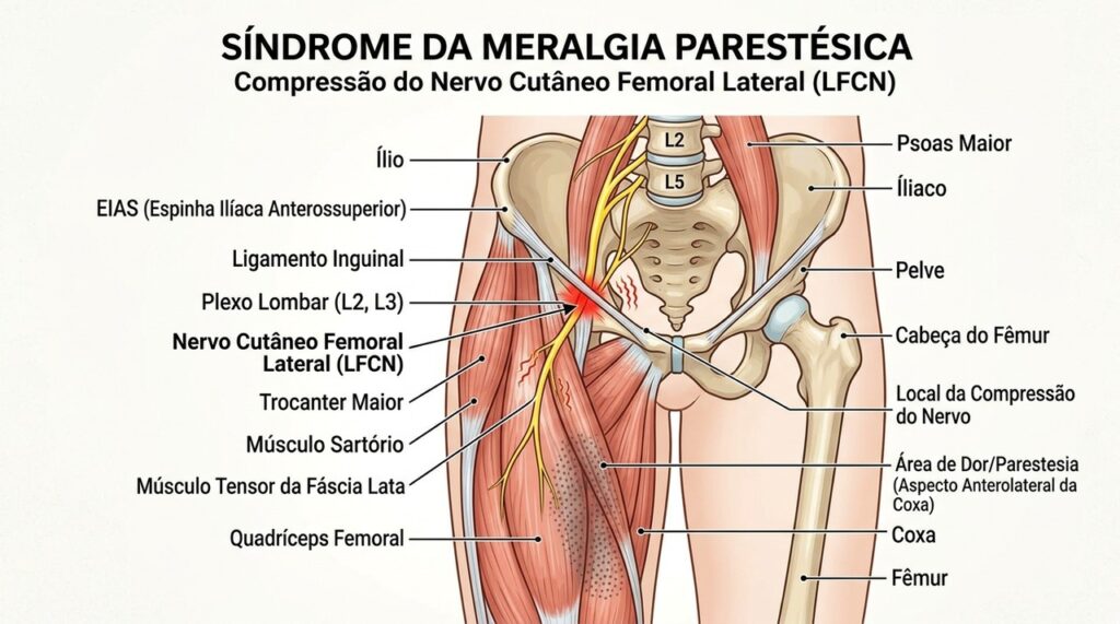 A meralgia parestésica ocorre quando o nervo sensitivo da parte externa da coxa sofre compressão perto da virilha.