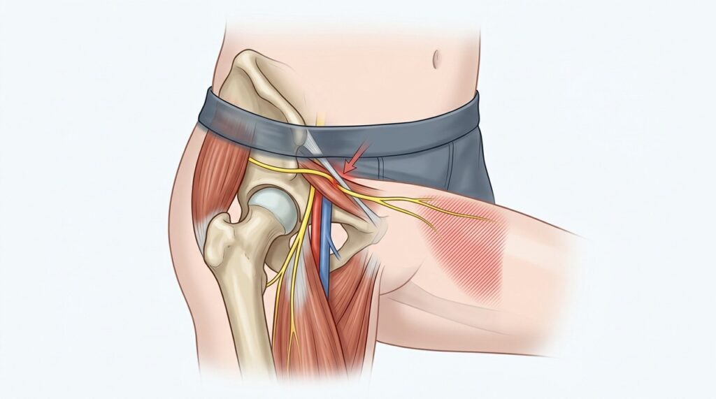 A meralgia parestésica ocorre quando o nervo sensitivo da lateral da coxa sofre compressão.