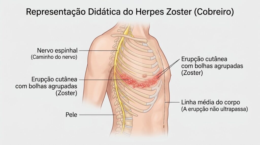 No cobreiro, a irritação do nervo pode causar dor e formigamento antes do aparecimento das bolhas na mesma região.