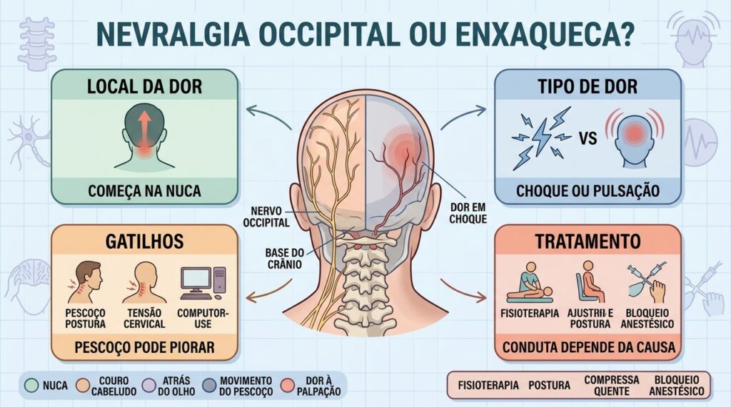 Trajeto da dor, sensibilidade cervical e resposta ao bloqueio ajudam no diagnóstico.