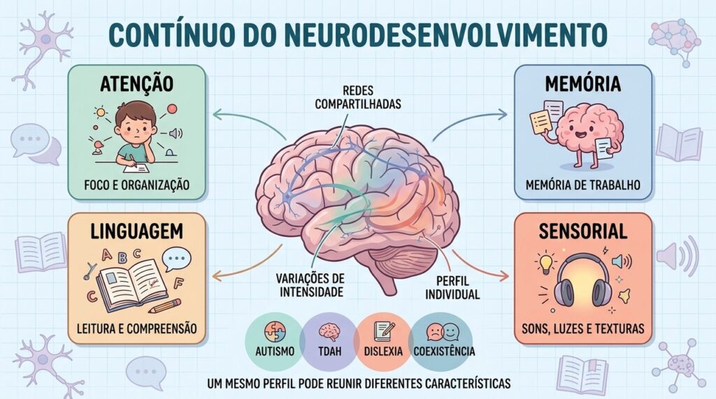 Atenção, memória, linguagem e sensorialidade formam dimensões compartilhadas do neurodesenvolvimento.