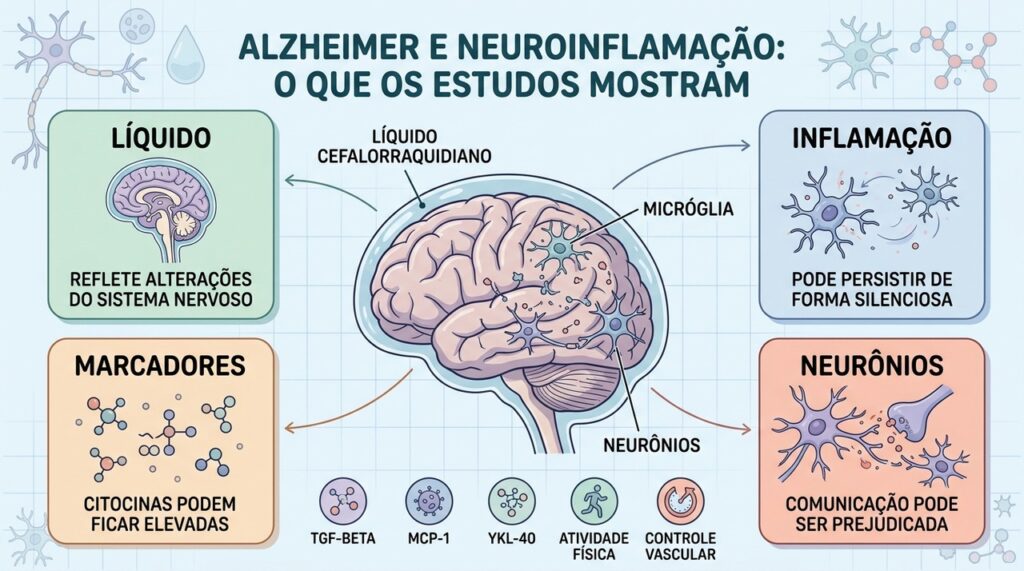 Líquido cefalorraquidiano, citocinas, micróglia e neurônios ajudam a explicar a neuroinflamação no Alzheimer.
