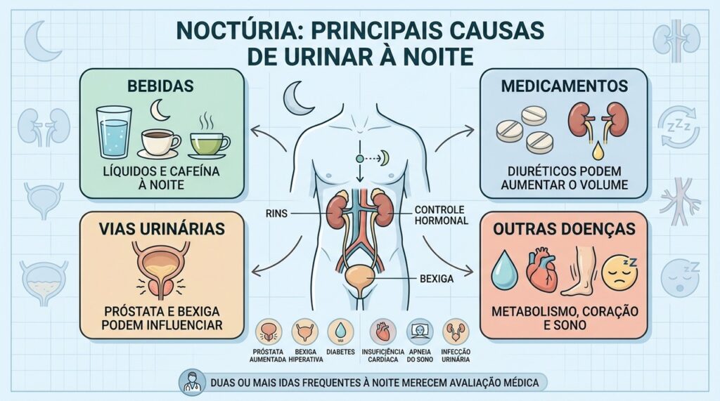 Bebidas, medicamentos, vias urinárias e doenças podem contribuir para a noctúria.