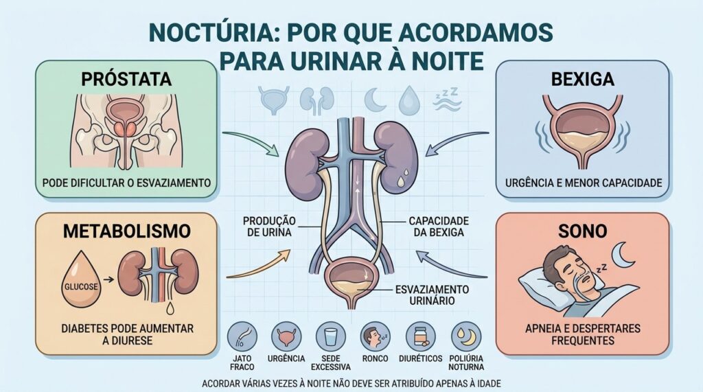 Próstata, bexiga, metabolismo e distúrbios do sono podem contribuir para a noctúria.