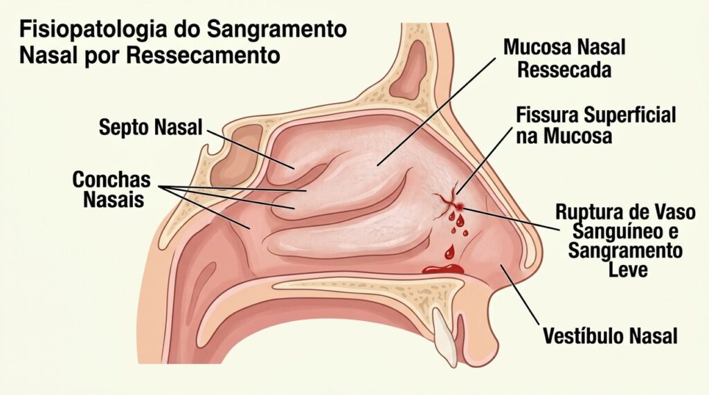 O ressecamento da mucosa pode provocar pequenas fissuras e facilitar o rompimento dos vasos superficiais do nariz.