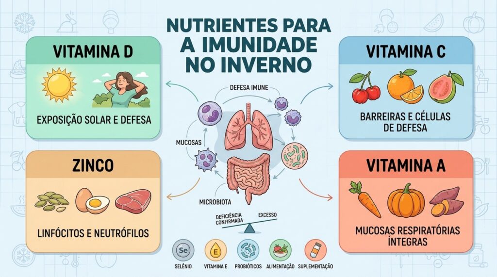 Vitamina D, C, zinco e vitamina A complementam uma alimentação variada para a defesa imunológica.