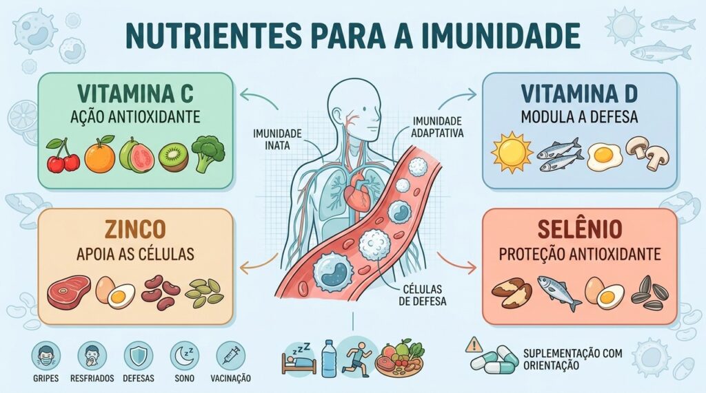 Vitamina C, D, zinco e selênio atuam em conjunto, mas não substituem hábitos saudáveis.