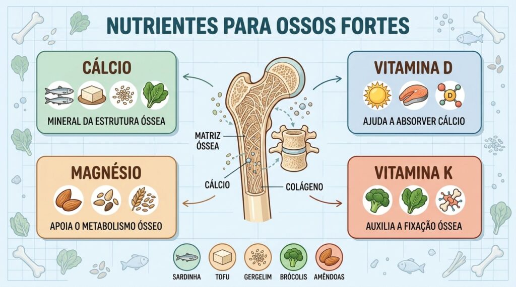 Cálcio, vitamina D, magnésio e vitamina K trabalham juntos para preservar a estrutura óssea.