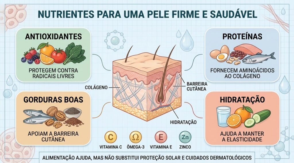 Antioxidantes, proteínas, gorduras boas e hidratação sustentam colágeno e barreira cutânea.